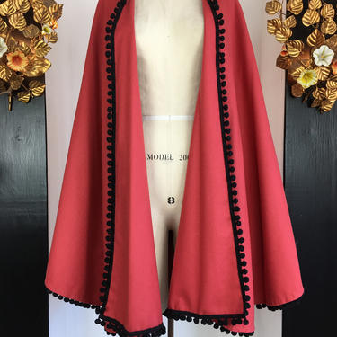 1960s cashmere cape, vintage wrap, pom pom trim, 60s wool wrap, red wool cape, vintage 60s cape, avant garde style, 1960s poncho, mod jacket 