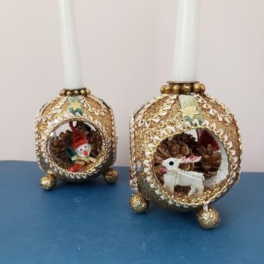 Vintage 1950's Vintage Candle Holders / 60s Kitchy Christmas Holiday Decor 
