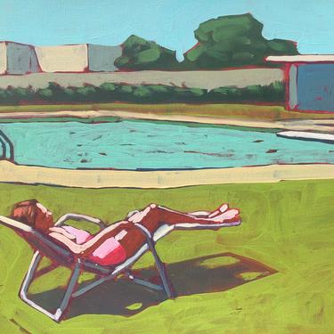 Pool #88  |  Original Acrylic Painting on Canvas 20 x 16  | Retro Vintage woman Hopper Figurative pool chair hockney aqua 
