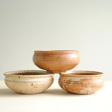 Vintage Set of Handmade Stoneware Bowls, Set of Three Neutral Studio Pottery Bowls 