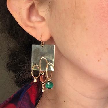 Abstract Sculptural Square Stone Dangle Earrings with Malachite, goldstone and opals 