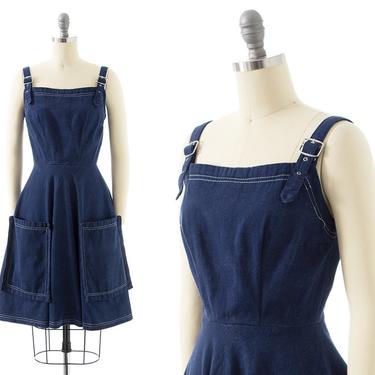 Vintage 1970s Overalls Dress | 70s Denim Dark Wash Fit and Flare Boho Pinafore Skater Sundress with Big Pockets (x-small) 