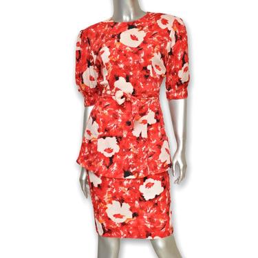 Vintage Red Silk Women’s Skirt Suit Floral Print Skirt 