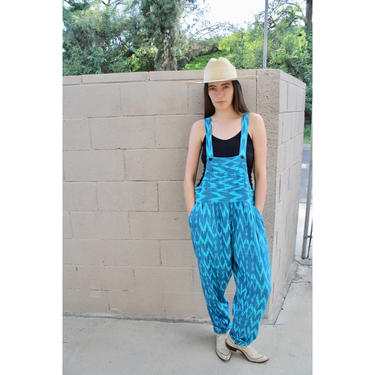 Blue Lagoon Ikat Overalls // vintage Guatemalan Mexican 70s 80s boho hippie cotton hippy jumpsuit // O/S 