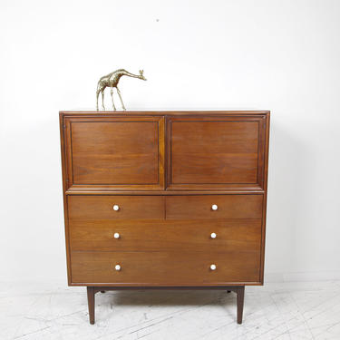 Vintage mcm tallboy / highboy 4 drawer dresser with a small vanity mirror by Drexel Declaration (Kipp Stewart) | Free delivery in NYC 