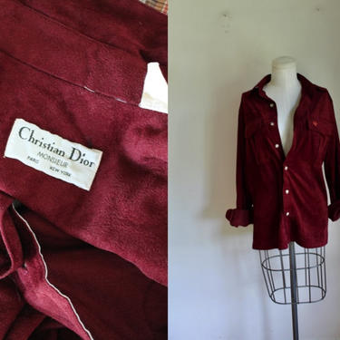 Vintage 1970s Christian Dior Men's Maroon Velour Shirt / Men's S 