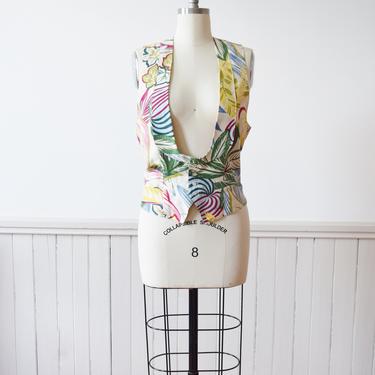 1990s Tropical Print Silk Waistcoat / Vest by Anne Pinkerton | M 
