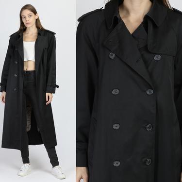 Vintage Evan Picone Black Duster Trench Coat - Medium to Large | 80s 90s Long Minimalist Double Breasted Button Up Jacket 