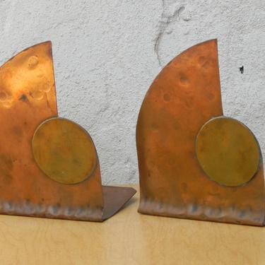 Copper Brass Thin Sculptural Hand Wrought Bookends 