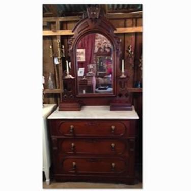 Fabulous Victorian Walnut princess dresser with marble top, glove boxes, and candle stands. 40w x 18d x 84h $399