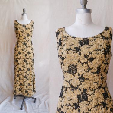 Vintage 60s Gold Brocade Gown/ 1960s Sleeveless Low Back Metallic Floral Dress/ Size Medium 