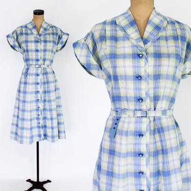 1950s Blue Cotton Plaid Dress | 50s Pale Blue Plaid Day Dress | Large 
