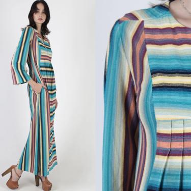 Womens Terry Cloth Beach Dress / 70s Rainbow Striped Dress / Disco Lounge Bell Sleeve Dress / Vacation Cover Up Resort Wear Maxi Dress 