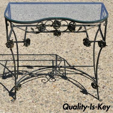 French Art Nouveau Victorian Wrought Iron Small Vanity Dressing Table with Roses
