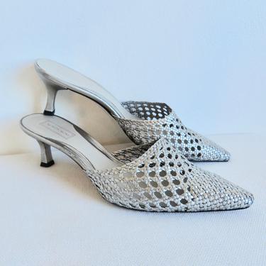 Vintage 1990's Size 7.5 Silver Leather Woven Mules Kitten Heels Nordstrom Spring Summer Mules Shoes Nordstrom Label 