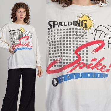 90s Spalding &quot;Spike!&quot; Long Sleeve Shirt - Men's Large | Vintage White Slouchy Oversized Volleyball Pullover 