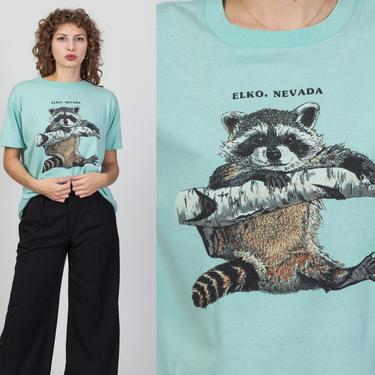 90s Elko Nevada Raccoon T Shirt - Men's Large, Women's XL | Vintage Unisex Blue Graphic Tourist Animal Tee 