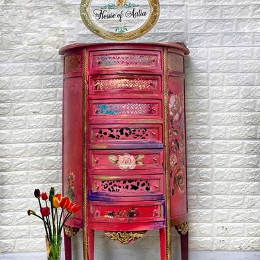 Vintage Pink and Gold French Curio Lingerie Chest. Floral lingerie chest. French provincial lingerie dresser.  Curio Cabinet. 