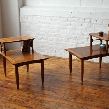 Pair Walnut and Pecan Bowtie End Tables 