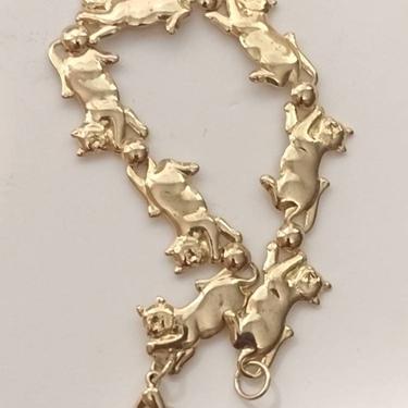 Vintage Brass Cat with a Ball Charm Bracelet 7&quot; 