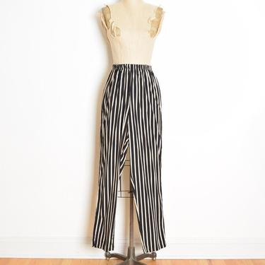 vintage 90s pants black cream striped print rayon high waisted trousers XS S clothing 