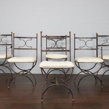 Vintage Set of 6 French Roche Bobois Wrought Iron Savonarola Dining Chairs 