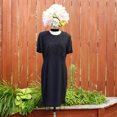 Vintage 1990s Black Beaded Mini Dress - Shoulder Pad Short Sleeve Party Dress - M/L 