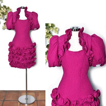 Oscar de la Renta Purple Silk Designer Evening Party Dress, Fuschia Pink, Magenta 1980's Vintage Dress Gown Ruffles 