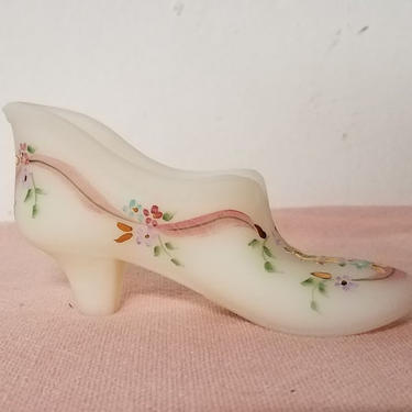 Vintage Fenton Glass Slipper Opal Satin Hand Painted and Signed 