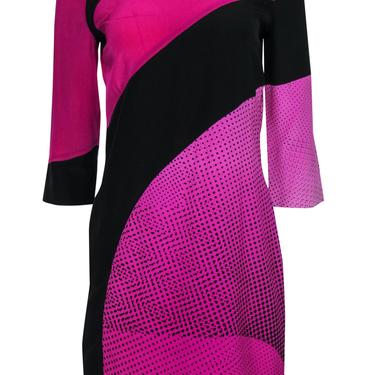 Diane von Furstenberg - Hot Pink &amp; Black Printed Silk Shift Dress Sz 6