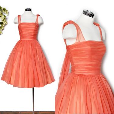 50's Peach Chiffon Party Dress, Prom Evening Gown, Wedding Dress, Tea Length Full Skirt Sheer Pinup Rockabilly 1950's, 60's, fit &amp; flare 