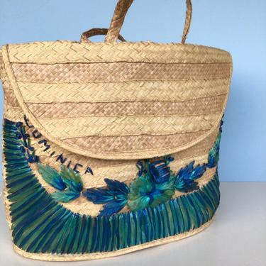 Vintage Woven Straw Tropical Travel Tote 
