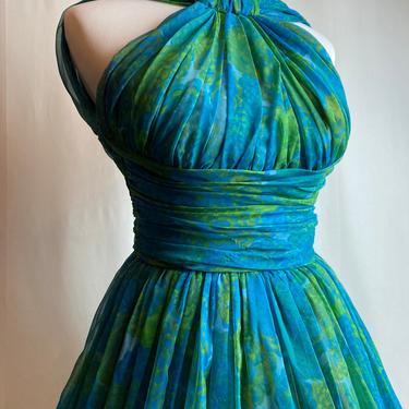 50’s Peacock party dress Fabulous  flirty fit & flare cocktail dresses Green blue sheer floral chiffon 1950’s Spring formal 26” waist XSM 