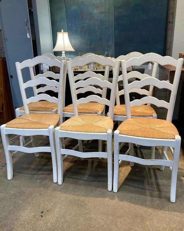 French country style chairs. Seat is 17” wide 15.5” wide 18” tall. Back of chair is 39” tall. 