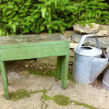 Vintage primitive green wood milking stool garden stool 