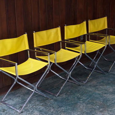 Vintage Minimalist Mid-Century Yellow Naugahyde Sling Chrome Dining Chair Armchair Set 4 Jetsons Kitchen Nook Table 