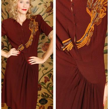 Gorgeous Vintage Art Deco Beaded Crepe Rayon Maroon Red Gold 40s 1940s Dress