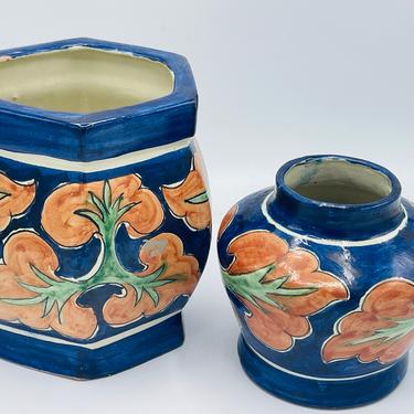 Pair of Vintage Mexican Talavera Pottery Vases Pots  Blue Orange and Green Flower -Hand Made 