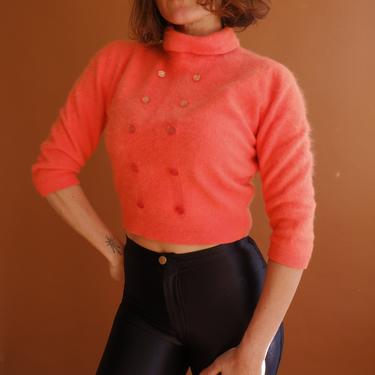 Vintage 50s Angora Sherbet Cropped Sweater/ 1950s Orange Mock Neck Sweater/ Size XS 