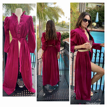 Vintage 70s Velvet Velour Dark Pink Mauve Maxi Dress Kimono Duster XS S M wrap dress 