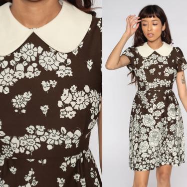 Peter Pan Collar Dress 60s Mod Floral Mini Dress Brown White 70s Graphic Print  Boho High Waist Vintage 1970s Short Puff Sleeve Small xs s by ShopExile