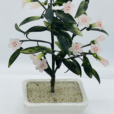 Vintage Jade Glass Flowering Blossoms Bonsai Tree in a White Ceramic Pot 