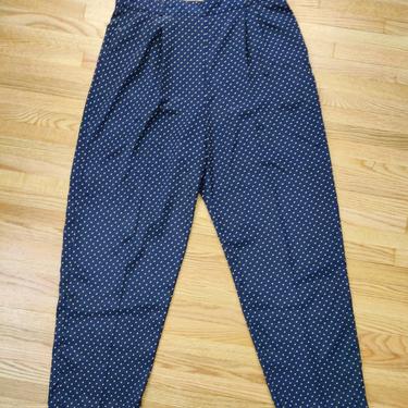 Vintage 80s Navy Polka-Dot Trousers // Silky Pants with Pockets 