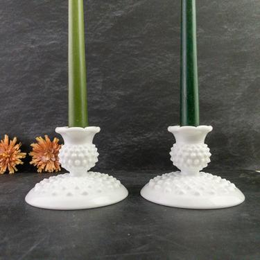 Pair of Vintage White Hobnail Candlestick Holders, Matching Set, White Milk Glass Candle Holders for Tapers, Farmhouse Cottagecore Decor 