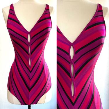Vintage 80's COLE of California CHEVRON Striped Swimsuit Bathing Suit / Sexy Cut Outs + Cool Design 