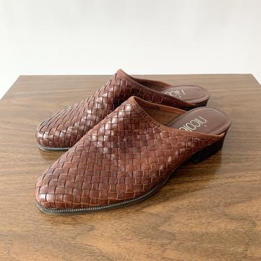 Woven Brown Leather Mules