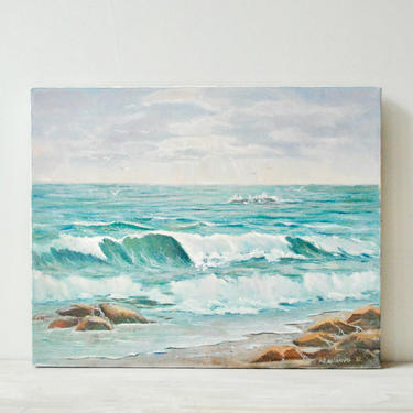 Vintage Seascape Painting, Vintage Oil Painting of the Ocean, Beach Painting, Large Seascape Painting, Large Ocean Painting 