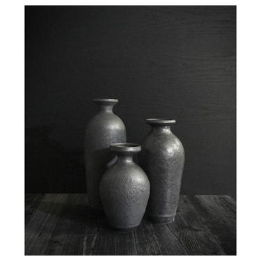 SHIPS NOW- set of 3 stoneware flanged vases with graphite slate glaze with subtle cratering by Sara Paloma Pottery 