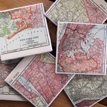 1909 New York City Handmade Repurposed Vintage Map Coasters Set of 6 - Ceramic Tile - Repurposed 1900s Hammond Atlas - NYC Antique Map 