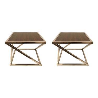 Organic Modern Interlude Home Wood and Chrome Side Tables Pair